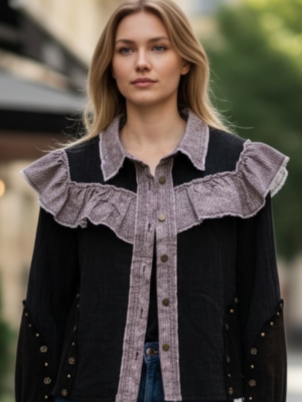 POL Black and Gray Ruffled and Studded Button Up Jacket